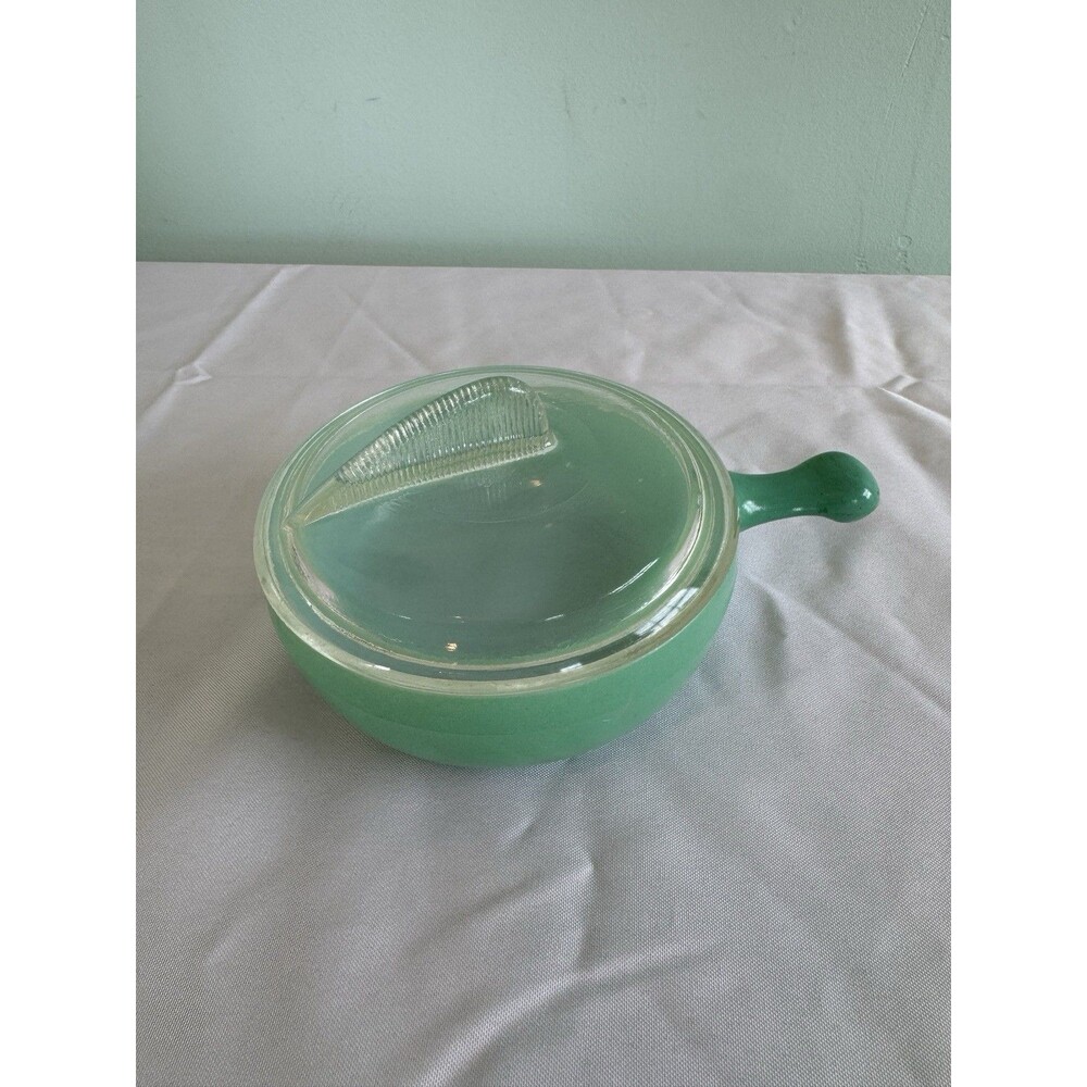 Vintage Glasbake J-314 Green Handled Soup Bowl Clear Fin Lid MCM USA